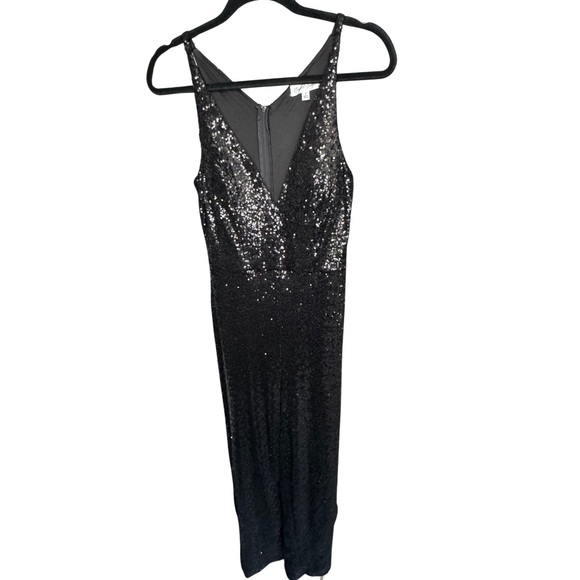 EMERALD SUNDAE V-Neck Sequined Jumpsuit Black Size 7 Sleeveless Wide Leg - Picture 4 of 7